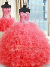 Fashion Three Piece Coral Red Sweetheart Lace Up Beading and Ruffles 15th Birthday Dress Sleeveless