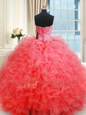 Fashion Three Piece Coral Red Sweetheart Lace Up Beading and Ruffles 15th Birthday Dress Sleeveless