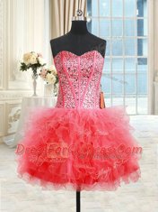 Fashion Three Piece Coral Red Sweetheart Lace Up Beading and Ruffles 15th Birthday Dress Sleeveless
