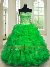Affordable Four Piece Sleeveless Floor Length Beading and Ruffles Lace Up Quince Ball Gowns with Green