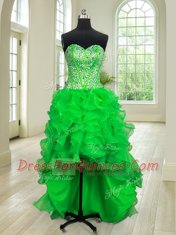Affordable Four Piece Sleeveless Floor Length Beading and Ruffles Lace Up Quince Ball Gowns with Green