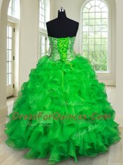 Affordable Four Piece Sleeveless Floor Length Beading and Ruffles Lace Up Quince Ball Gowns with Green