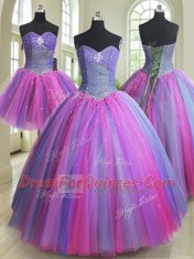 Comfortable Three Piece Multi-color Tulle Lace Up Quinceanera Dress Sleeveless Floor Length Beading