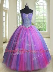 Comfortable Three Piece Multi-color Tulle Lace Up Quinceanera Dress Sleeveless Floor Length Beading