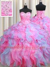 Custom Designed Multi-color Lace Up Sweetheart Beading and Ruffles Sweet 16 Dress Organza Sleeveless