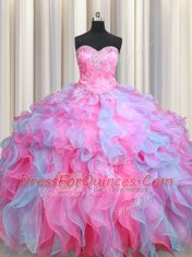 Custom Designed Multi-color Lace Up Sweetheart Beading and Ruffles Sweet 16 Dress Organza Sleeveless
