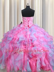 Custom Designed Multi-color Lace Up Sweetheart Beading and Ruffles Sweet 16 Dress Organza Sleeveless