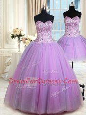 Designer Three Piece Lavender Ball Gowns Sweetheart Sleeveless Tulle Floor Length Lace Up Beading Vestidos de Quinceanera