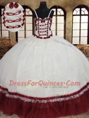 Excellent Straps White And Red Ball Gowns Beading 15 Quinceanera Dress Lace Up Organza Sleeveless Floor Length