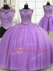 Three Piece Lilac Scoop Lace Up Beading and Appliques Sweet 16 Quinceanera Dress Sleeveless