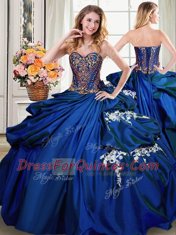Lovely Four Piece Royal Blue Ball Gowns Taffeta Sweetheart Sleeveless Beading and Appliques and Pick Ups Floor Length Lace Up 15 Quinceanera Dress