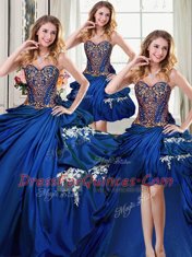 Lovely Four Piece Royal Blue Ball Gowns Taffeta Sweetheart Sleeveless Beading and Appliques and Pick Ups Floor Length Lace Up 15 Quinceanera Dress