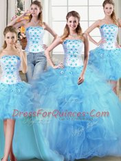 Decent Four Piece Sleeveless Lace Up Floor Length Beading and Appliques and Ruffles Sweet 16 Quinceanera Dress