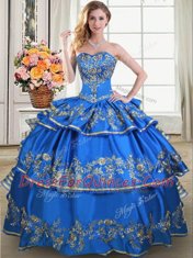 Discount Blue Taffeta Lace Up Sweetheart Sleeveless Floor Length Quinceanera Dresses Beading and Embroidery and Ruffled Layers