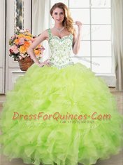 Glamorous Straps Sleeveless Lace Up Quinceanera Gown Yellow Green Organza