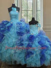 Captivating Blue Sleeveless Beading and Ruffles Floor Length Quinceanera Dress