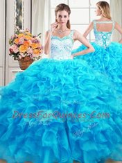 Ideal Straps Floor Length Lace Up 15th Birthday Dress Baby Blue for Military Ball and Sweet 16 and Quinceanera with Beading and Ruffles