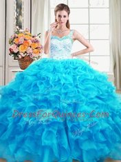Ideal Straps Floor Length Lace Up 15th Birthday Dress Baby Blue for Military Ball and Sweet 16 and Quinceanera with Beading and Ruffles