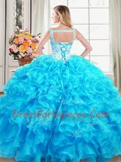 Ideal Straps Floor Length Lace Up 15th Birthday Dress Baby Blue for Military Ball and Sweet 16 and Quinceanera with Beading and Ruffles