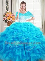 Ideal Straps Floor Length Lace Up 15th Birthday Dress Baby Blue for Military Ball and Sweet 16 and Quinceanera with Beading and Ruffles