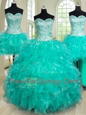 Low Price Four Piece Turquoise Ball Gowns Beading and Ruffles Quinceanera Dresses Lace Up Organza Sleeveless Floor Length