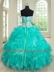 Low Price Four Piece Turquoise Ball Gowns Beading and Ruffles Quinceanera Dresses Lace Up Organza Sleeveless Floor Length