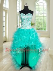 Low Price Four Piece Turquoise Ball Gowns Beading and Ruffles Quinceanera Dresses Lace Up Organza Sleeveless Floor Length