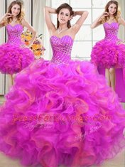 Low Price Four Piece Multi-color Lace Up Sweetheart Beading and Ruffles Sweet 16 Dress Organza Sleeveless