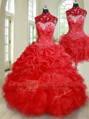 Glittering Three Piece Red Lace Up Sweet 16 Quinceanera Dress Beading and Ruffles and Pick Ups Sleeveless Floor Length