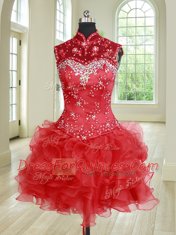Glittering Three Piece Red Lace Up Sweet 16 Quinceanera Dress Beading and Ruffles and Pick Ups Sleeveless Floor Length
