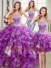Three Piece Sequins Ball Gowns 15th Birthday Dress Purple Sweetheart Organza Sleeveless Floor Length Lace Up
