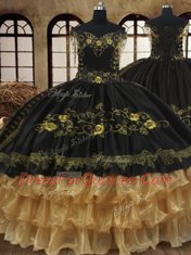 Off the Shoulder Ruffled Black Sleeveless Organza and Taffeta Lace Up Quinceanera Gowns for Military Ball and Sweet 16 and Quinceanera