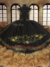 Off the Shoulder Ruffled Black Sleeveless Organza and Taffeta Lace Up Quinceanera Gowns for Military Ball and Sweet 16 and Quinceanera