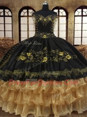 Off the Shoulder Ruffled Black Sleeveless Organza and Taffeta Lace Up Quinceanera Gowns for Military Ball and Sweet 16 and Quinceanera