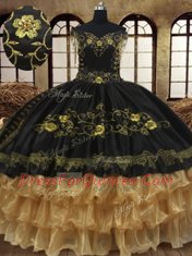 Off the Shoulder Ruffled Black Sleeveless Organza and Taffeta Lace Up Quinceanera Gowns for Military Ball and Sweet 16 and Quinceanera