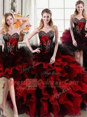 Four Piece Floor Length Black and Red Vestidos de Quinceanera Sweetheart Sleeveless Lace Up