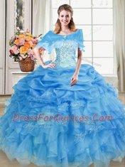 Blue Quinceanera Dress Military Ball and Sweet 16 and Quinceanera and For with Beading and Ruffles and Pick Ups Sweetheart Sleeveless Lace Up