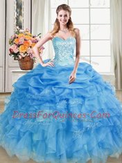 Blue Quinceanera Dress Military Ball and Sweet 16 and Quinceanera and For with Beading and Ruffles and Pick Ups Sweetheart Sleeveless Lace Up