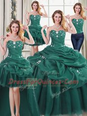 Exceptional Four Piece Dark Green Sweetheart Neckline Beading and Ruffles and Pick Ups Vestidos de Quinceanera Sleeveless Lace Up