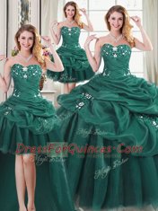 Exceptional Four Piece Dark Green Sweetheart Neckline Beading and Ruffles and Pick Ups Vestidos de Quinceanera Sleeveless Lace Up