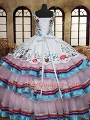 Straps Floor Length White 15th Birthday Dress Organza and Taffeta Sleeveless Embroidery and Ruffled Layers