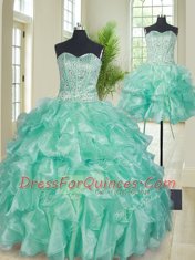 Deluxe Three Piece Apple Green Organza Lace Up Sweetheart Sleeveless Floor Length Vestidos de Quinceanera Beading and Ruffles