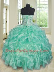Deluxe Three Piece Apple Green Organza Lace Up Sweetheart Sleeveless Floor Length Vestidos de Quinceanera Beading and Ruffles