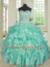 Deluxe Three Piece Apple Green Organza Lace Up Sweetheart Sleeveless Floor Length Vestidos de Quinceanera Beading and Ruffles