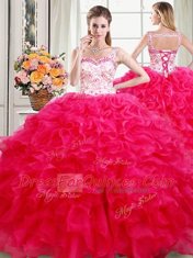 Four Piece Straps Organza Sleeveless Floor Length Quince Ball Gowns and Beading and Ruffles
