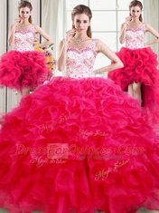 Four Piece Straps Organza Sleeveless Floor Length Quince Ball Gowns and Beading and Ruffles