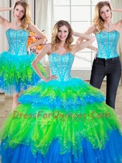 High End Three Piece Multi-color Quinceanera Gowns Military Ball and Sweet 16 and Quinceanera and For with Beading and Ruffled Layers Sweetheart Sleeveless Lace Up