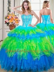 High End Three Piece Multi-color Quinceanera Gowns Military Ball and Sweet 16 and Quinceanera and For with Beading and Ruffled Layers Sweetheart Sleeveless Lace Up