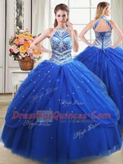 Four Piece Halter Top Pick Ups Royal Blue Sleeveless Tulle Lace Up Sweet 16 Quinceanera Dress for Military Ball and Sweet 16 and Quinceanera