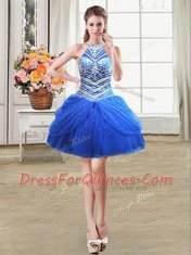 Four Piece Halter Top Pick Ups Royal Blue Sleeveless Tulle Lace Up Sweet 16 Quinceanera Dress for Military Ball and Sweet 16 and Quinceanera